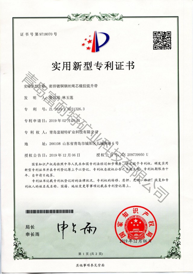 密排鍍銅鋼絲繩芯橡膠提升帶 **證書